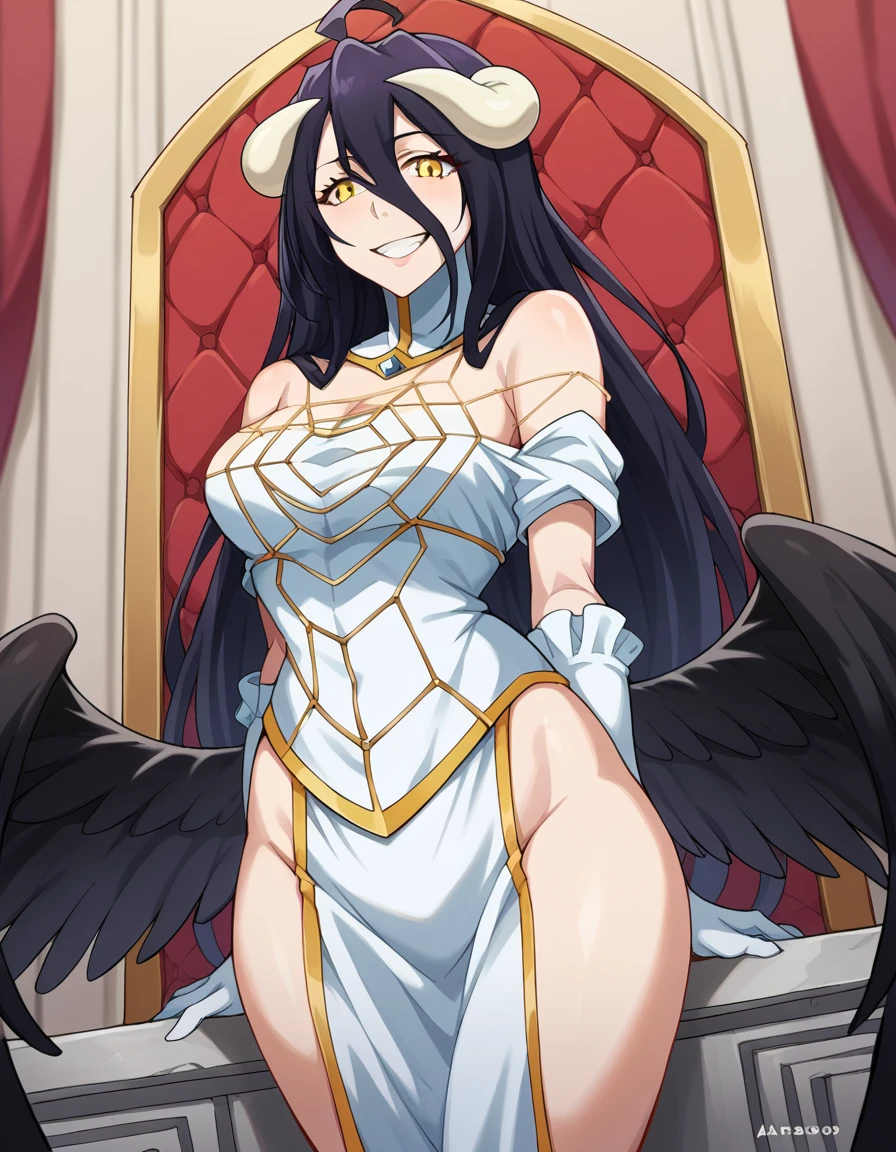 score_9, score_8_up, score_7_up, source_anime,
overlordalbedo, <lora:overlord-albedo-ponyxl-lora-nochekaiser:1>,
albedo, ahoge, black hair, horns, long hair, yellow eyes, evil smile, evil grin,
bare hips, bare shoulders, black wings, detached collar, elbow gloves, feathered wings, gloves, gold trim, high collar, hip vent, jewelry, low wings, white gloves, wings,
indoors, throne, throne room,
looking at viewer, cowboy shot, dutch angle,