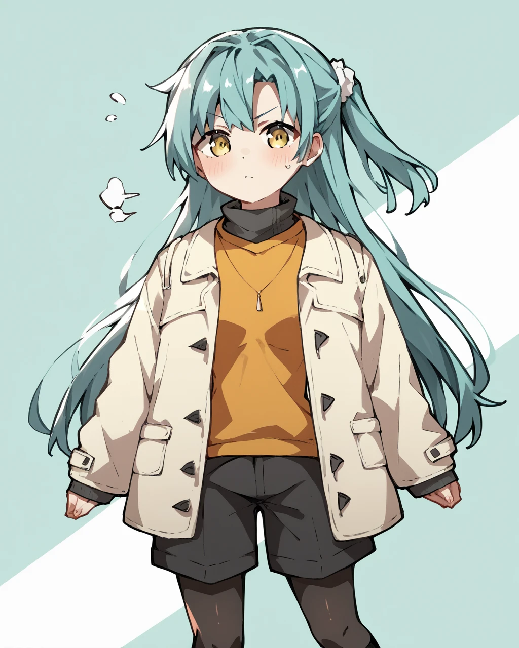 score_9, score_8_up, score_7_up, score_6_up, score_5_up, score_4_up, BREAK source_anime,
<lora:Yokote_Suzu_PONY:0.8>,1girl, solo, long hair,shirt, long sleeves,aqua hair, yellow eyes, pantyhose, open clothes, shorts, socks,sweater, coat,turtleneck, one side up, black shorts,jacket,