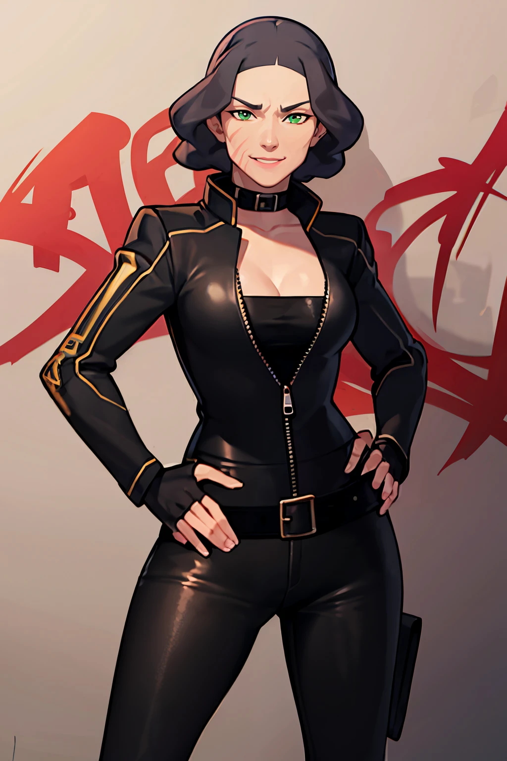 ((masterpiece,best quality)), absurdres, <lora:Lin_Bei_Fong_CivitAITrainer:0.8>, Lin_Bei_Fong, 1girl, solo, short_hair, black_hair, green_eyes, scar, leather jacket, leather pants, strapless bra, black jacket, tight pants, black choker, zipper, fingerless gloves, biker clothes, spikes, unzipped, multiple belts, shiny clothes, high collar, (graffiti:1.2), brick wall, solo, smiling, looking at viewer, hand on hip,