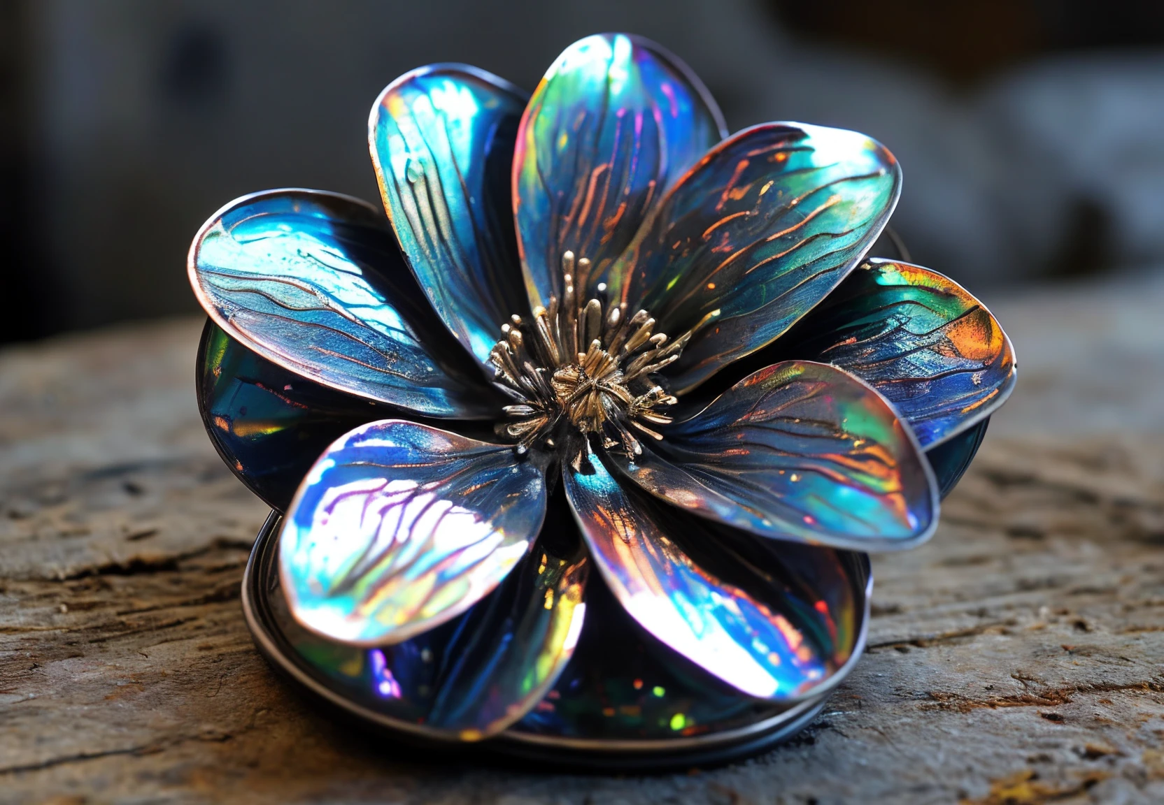 ((masterpiece)), extreme close up on a flower on garden, after rain, water drops, [:(metal flower:1.4), (flower AND metal), the flowers petals are made of metal, the petals have a metalic appearance, relections, surface sccatering,:8], extreme high quality, professional image, the image has a round center, cinematic, artistic, 4k, perfect lighting, beautiful, bokeh