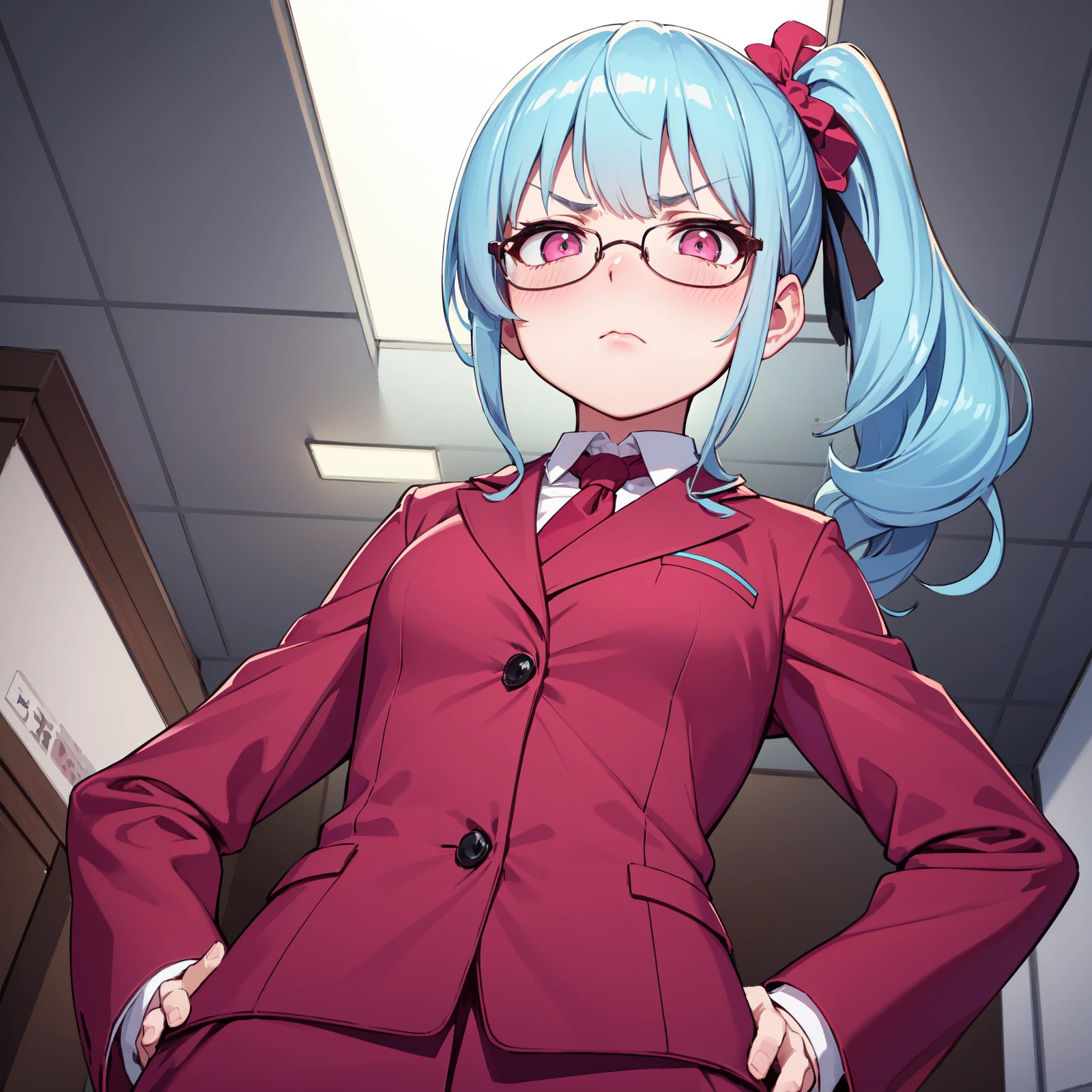 (masterpiece:1.1),(best quality:1.1),(hyper detailed:1.1),(high detail:1.1),(highest quality:1.3),absurdres,pink eyes,business suit,office,light blue hair,from below,low angle,foreshortening,hands on hips,angry,glasses,side ponytail,petite,frown,blush,cross-eyed,office lady,pink eyes,full-face blush,lipstick,