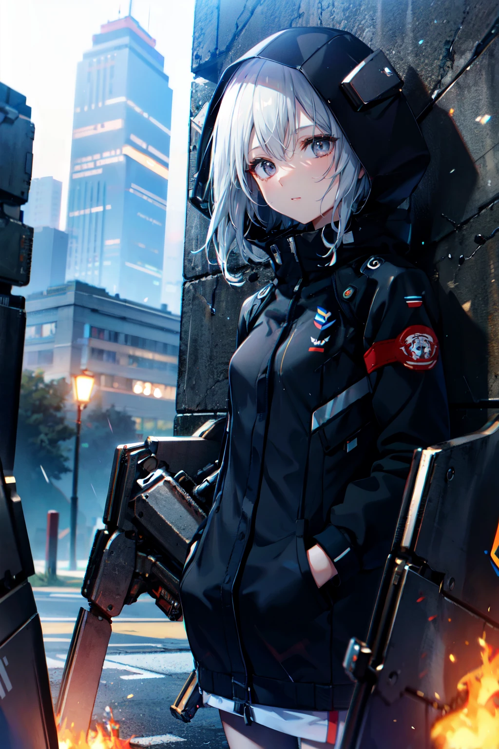 1girl, portrait, sag556, gun, white hair, cross hairpin, silver hair, sky blue eyes, blue scarf with black checkered pattern, school balzer, pleated checkered skirt, blue halo, ((absurdres:1.1):1.1), 4k, (realistic:1.3), shiny, cat ears, cyberpunk cityscape background, (realistic lighting:1.4)