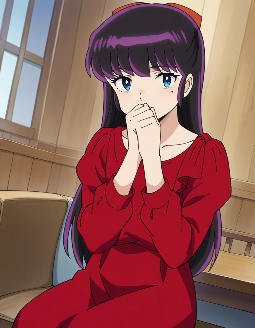 score_9, score_8_up, score_7_up, source_anime,
ryoukomendou, <lora:ryouko-mendou-ponyxl-lora-nochekaiser:1>,
ryouko mendou, long hair, blue eyes, purple hair, bow, hair bow, mole, mole under eye, covering own mouth,
dress, red dress, collarbone, long sleeves,
indoors, sitting, table, sofa,
looking at viewer, cowboy shot, dutch angle,