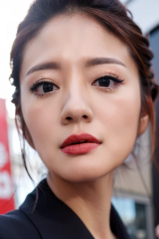 Best quality,masterpiece,ultra high res,8K,(photorealistic:1.4),1girl,low key,slim body,japanese street alley,dynamic pose,face closeup,makeup,<lora:ady_an:1>,suit,