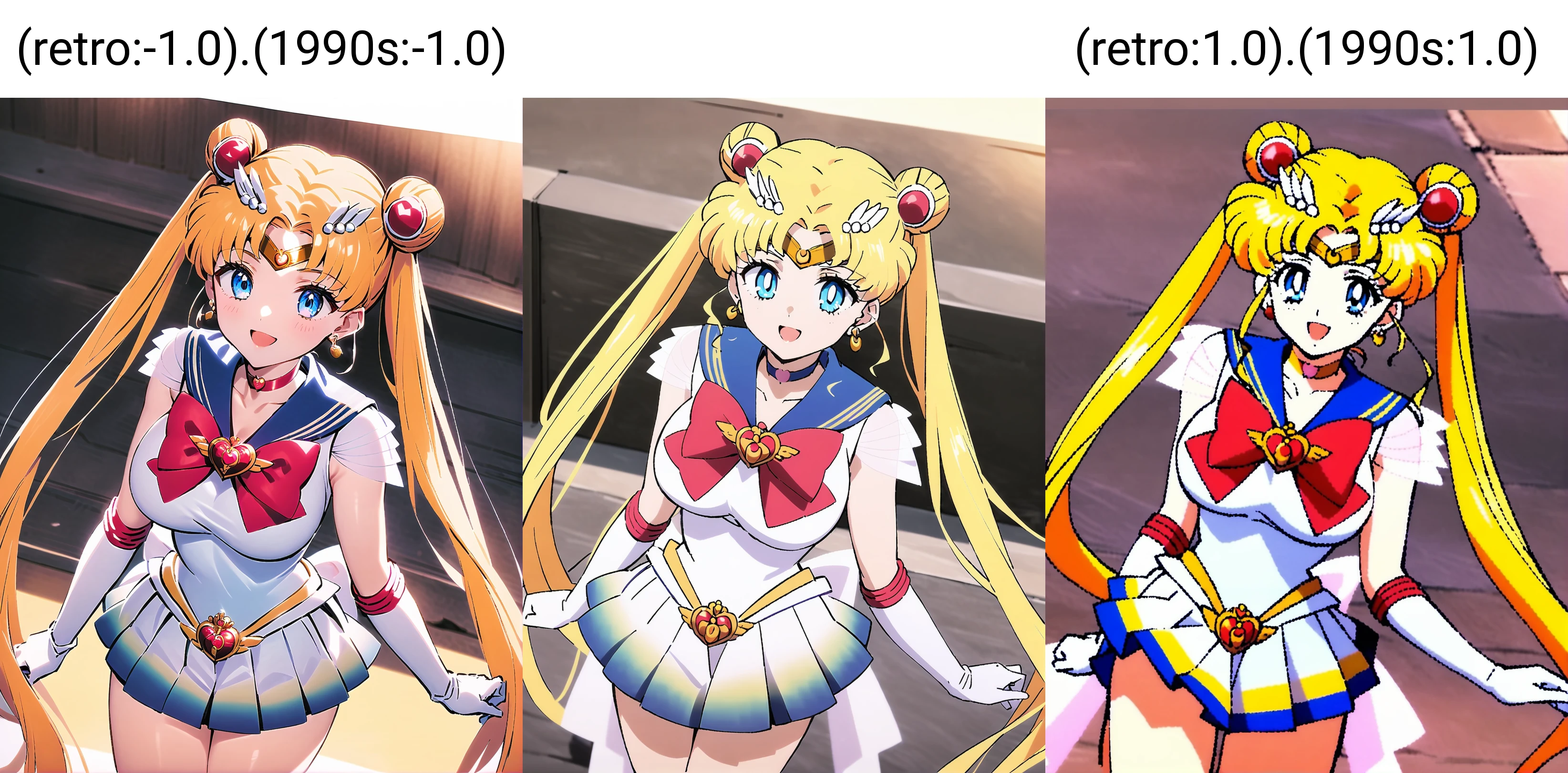 1girl, solo,<lora:sdxl-supersailormoon-animagine-xl-3-1-v2:1> , supersailormoon, double bun, twintails, circlet, earrings, choker, bow, gloves, miniskirt, large_breasts,standing ,, smile,open mouth, <lora:ALTXL_001_4:2>, (retro:-1.0).(1990s:-1.0) ,medium quality