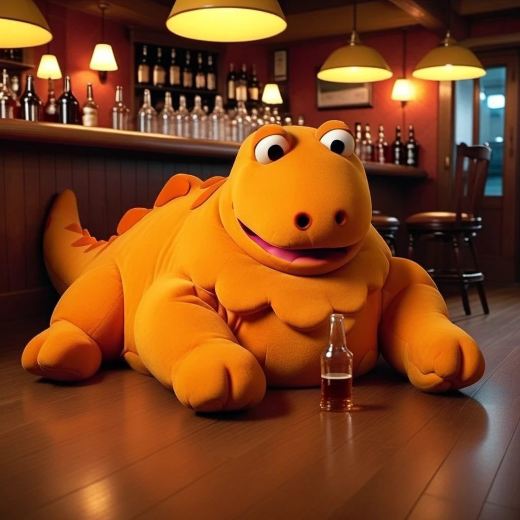 a orange dinosaur laying drunk on the ground in a pub <lora:Casimir1024:0.8>