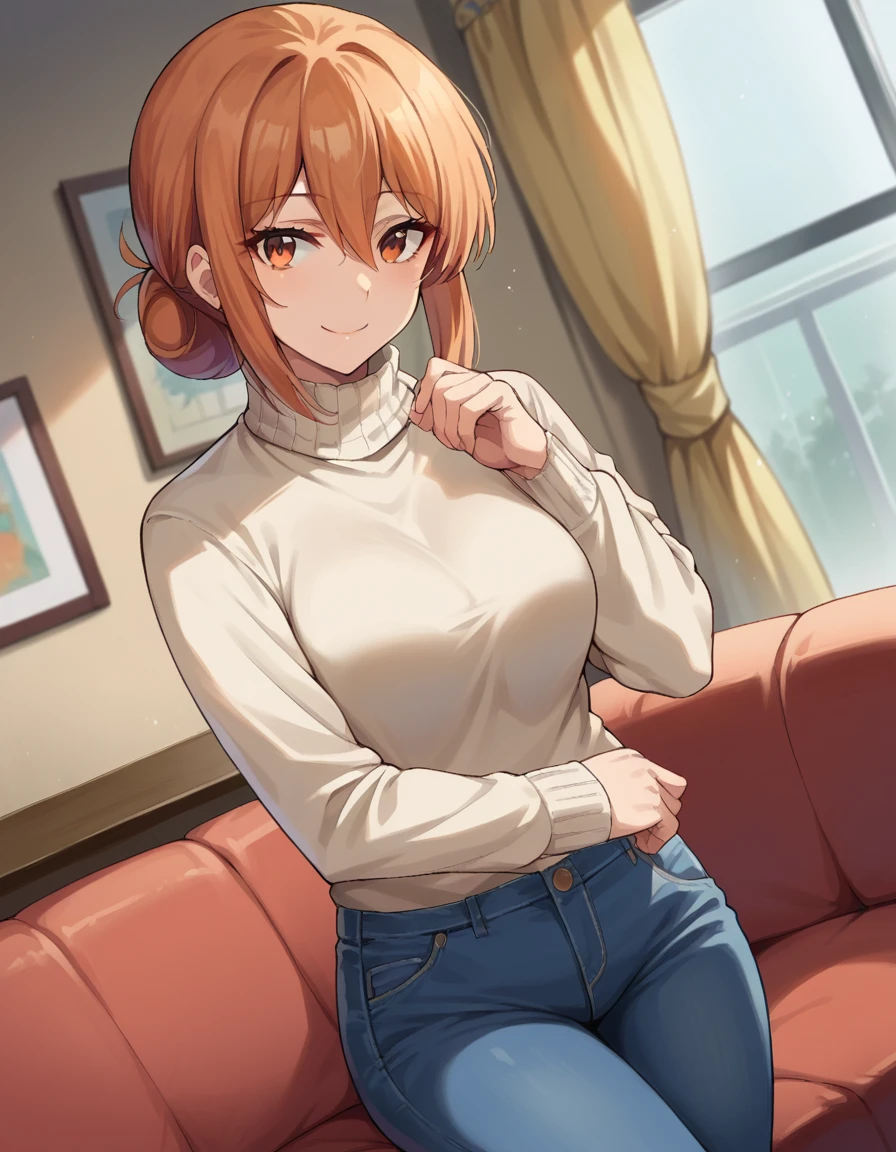score_9, score_8_up, score_7_up, source_anime,
yuigahamama, <lora:mother-yuigahama-ponyxl-lora-nochekaiser:1>,
yuigahamama, hair bun, mature female, orange eyes, orange hair, short hair, single hair bun, hair between eyes, sidelocks, smile,
denim, jeans, pants, sweater, turtleneck, turtleneck sweater, white sweater,
indoors, sofa,
looking at viewer, cowboy shot, dutch angle,