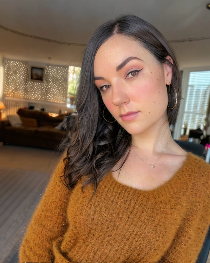 a picture of s4shag, brunette, realistic, photorealistic, detailed skin, surface scattering, bokeh, skin pores, wearing a comfy sweater,indoors, <lora:s4shag:1>looking at viewer, epiCPhoto