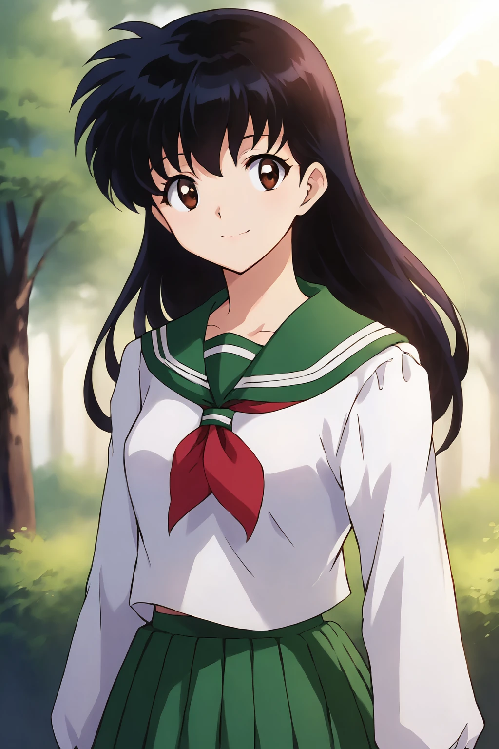 1girl, (solo), portrait, sharp focus, soft lighting,, , illustration, depth of field, (bloom:0.4), kagomexl, long hair, black hair, brown eyes, bangs, school uniform, serafuku, sailor collar, red neckerchief, smile, green skirt, full body, <lora:kagomexl:0.75>