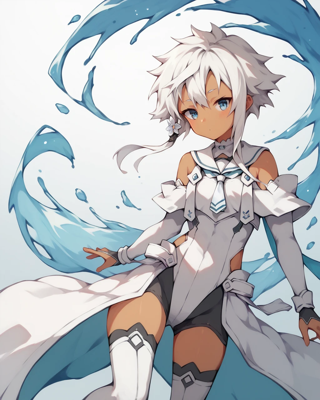 score_9, score_8_up, score_7_up,
<lora:Kohagura_Natsume_PONY:1>,1girl, solo,white hair,short hair with long locks,short hair, blue eyes,hair ornament,dark skin,sidelocks, thighhighs,bare shoulders,white hair,white dress, leotard,