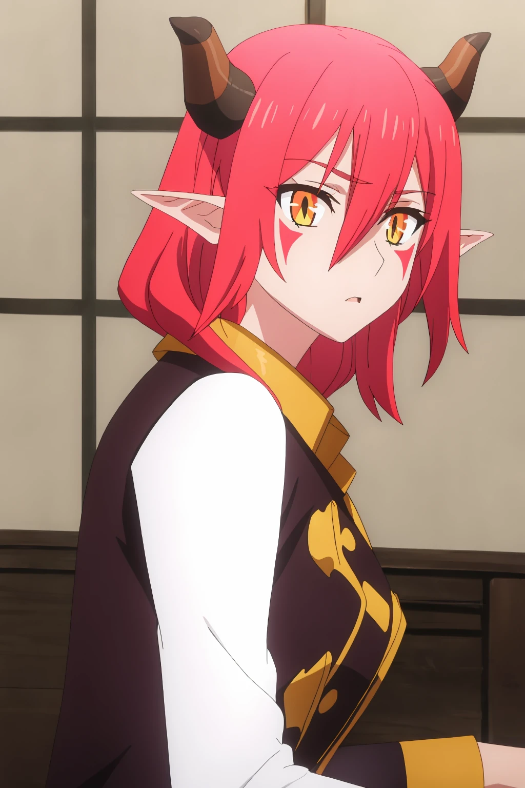 ((best quality)),((highly detailed)),masterpiece,absurdres,detailed face,beautiful face,(detailed eyes, deep eyes),1girl,((dynamic pose)) <lora:ArnesV1:0.8>Arnes, red eyes, red hair, solo, horns, pointy ears, hair between eyes, upper body, slit pupils, open mouth, long hair, facial mark, bangs, looking at viewer, shirt, vest, long sleeves, white shirt, demon girl, demon horns, parted lips, looking down, medium hair, breasts, indoors, short hair, dragon girl