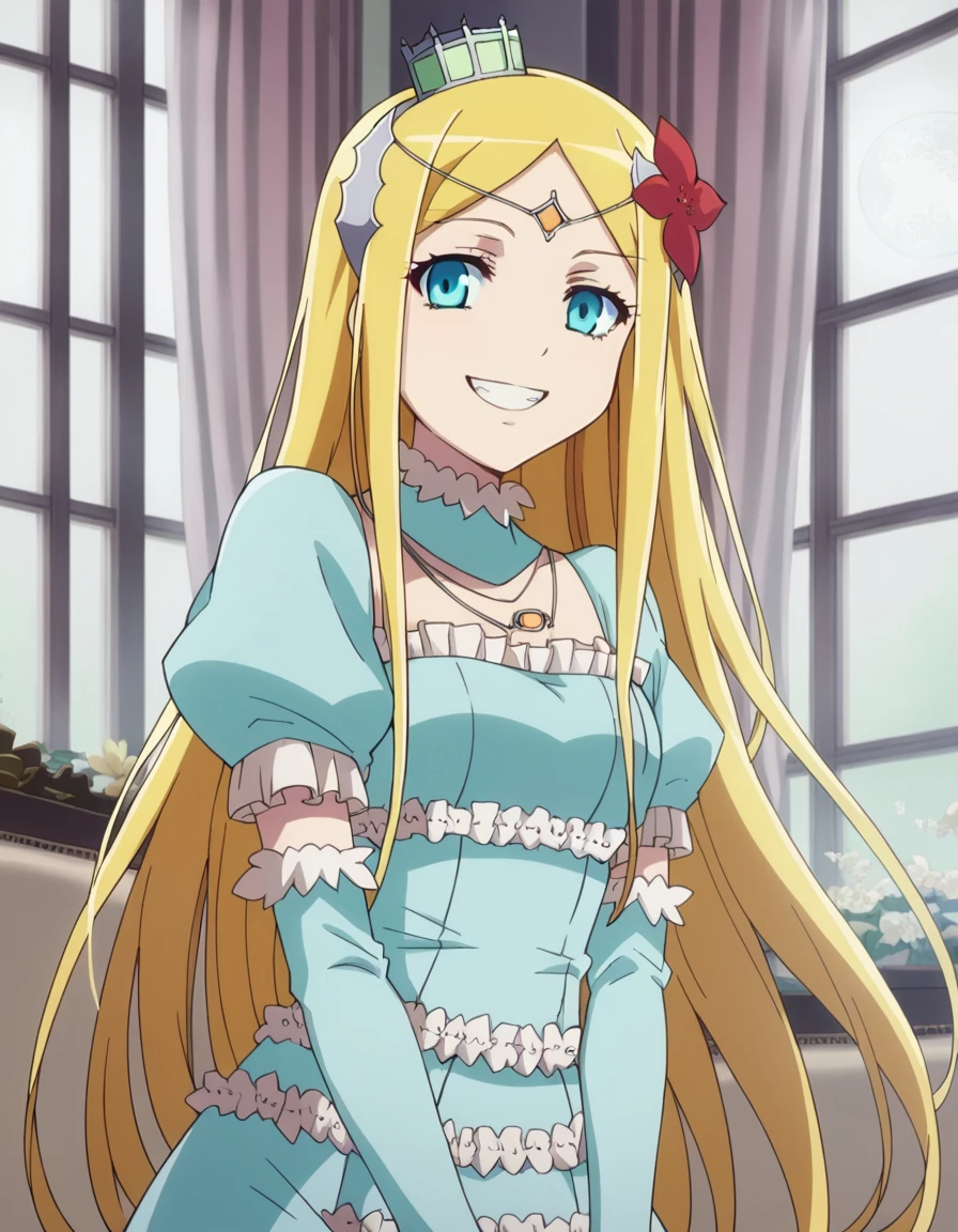 score_9, score_8_up, score_7_up, source_anime,
rennertheierechardelonrylevaiself, <lora:renner-theiere-chardelon-ryle-vaiself-ponyxl-lora-nochekaiser:1>,
renner theiere chardelon ryle vaiself, long hair, blue eyes, blonde hair, hair ornament, very long hair, flower, hair flower, smile, evil smile, evil grin,
long sleeves, dress, jewelry, puffy sleeves, necklace, blue dress, crown, princess, frills,
indoors, night, night sky, moonlight, moon, curtains, window,
looking at viewer, cowboy shot, dutch angle,