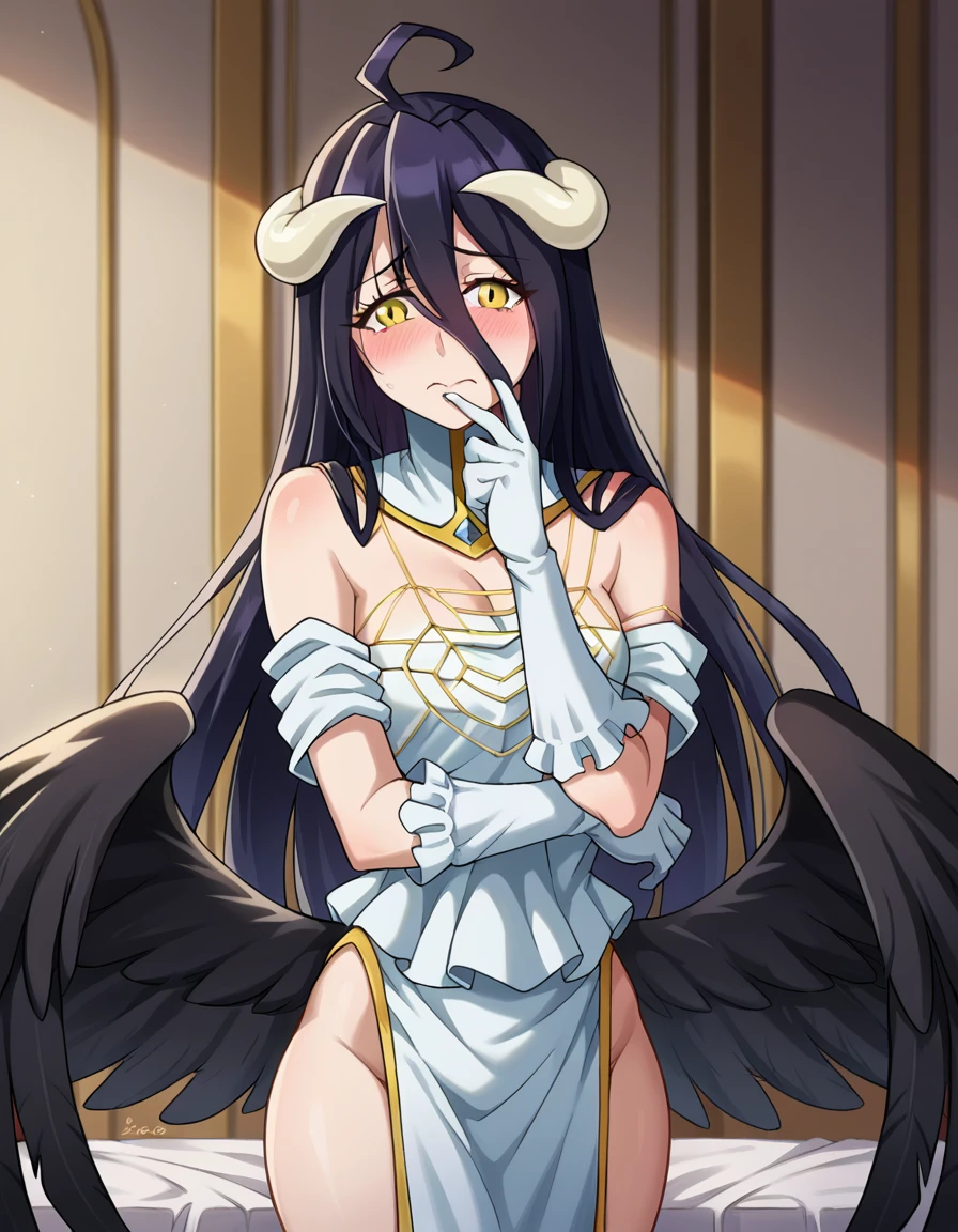 score_9, score_8_up, score_7_up, source_anime,
overlordalbedo, <lora:overlord-albedo-ponyxl-lora-nochekaiser:1>,
albedo, ahoge, black hair, horns, long hair, yellow eyes, blush, embarrassed,
bare hips, bare shoulders, black wings, detached collar, elbow gloves, feathered wings, gloves, gold trim, high collar, hip vent, jewelry, low wings, white gloves, wings,
indoors, bed, bed room,
looking at viewer, cowboy shot, dutch angle,