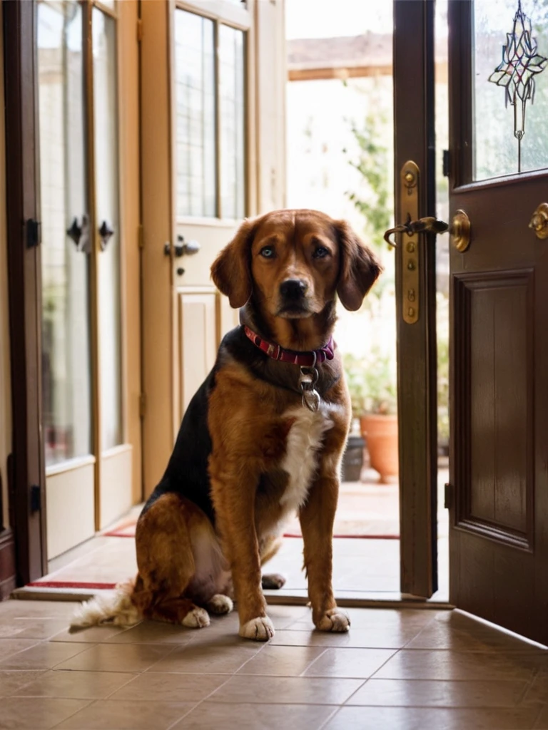 A heartwarming snapshot of a pet dog waiting eagerly at the door, its eyes full of anticipation, capturing the unconditional love and loyalty of our furry companions.