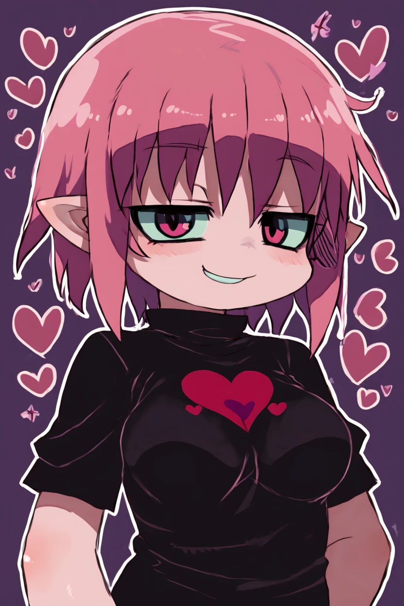 <lora:Zankuro_Style_v4:1>,
medium breasts, smile, smug,
((masterpiece,best quality)), absurdres, deathlock-san, 1girl, short hair, pink hair, pointy ears, black shirt, upper body, hearts,