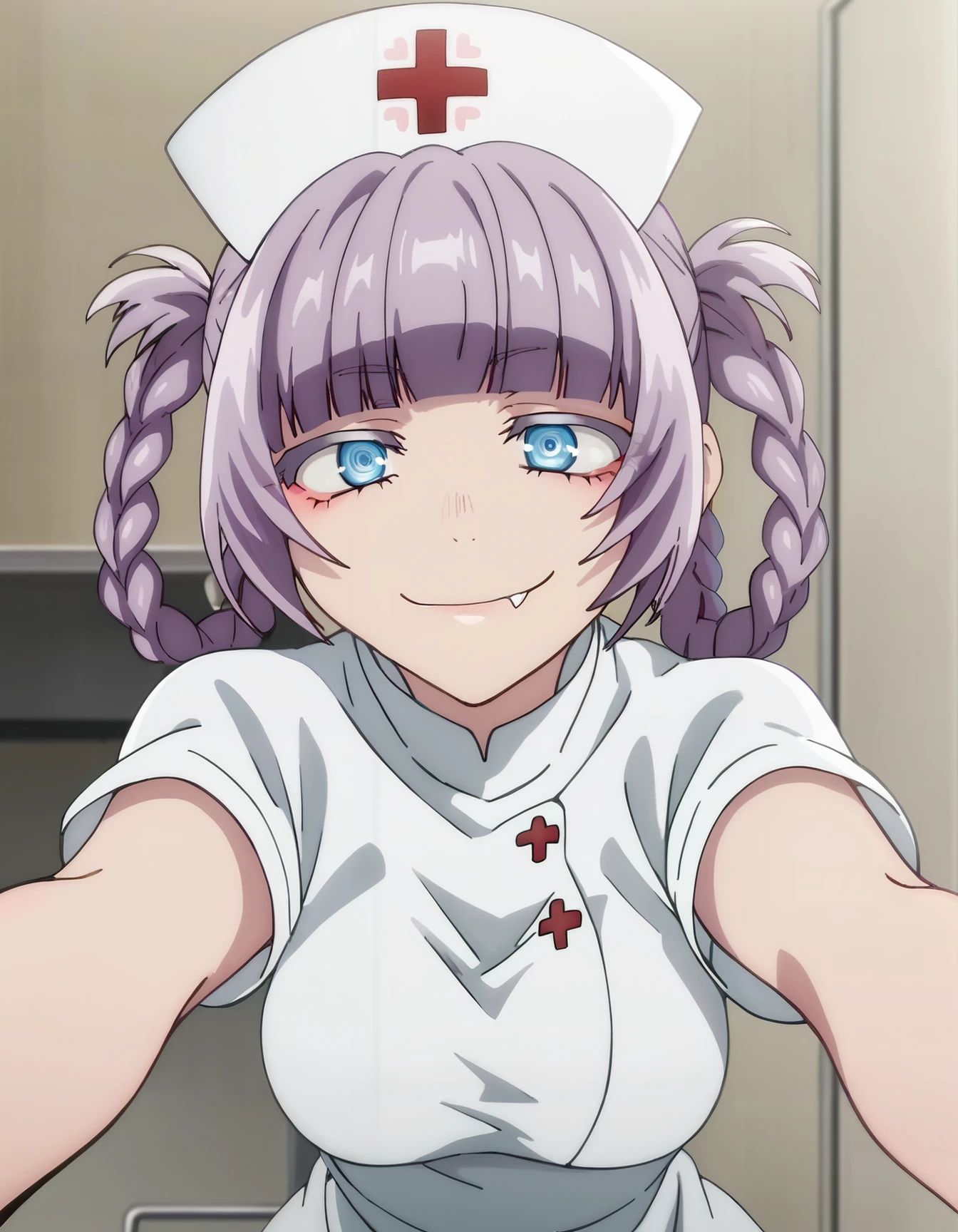 score_4, score_5, score_6, score_9, score_8_up, score_7_up, <lora:nanakusa_nazuna:1>, source_anime, nazunaxl, nurse, nurse cap, braided hair rings, purple hair, blue eyes, hair rings, dress, short sleeves, ringed eyes, breasts, blunt bangs, purple hair, white dress, pov, selfie, smile, hospital, indoors, looking at viewer, fang, <lora:Fine_Anime_Screencap-Pony:1> fine anime screencap_xl, anime_screencap
