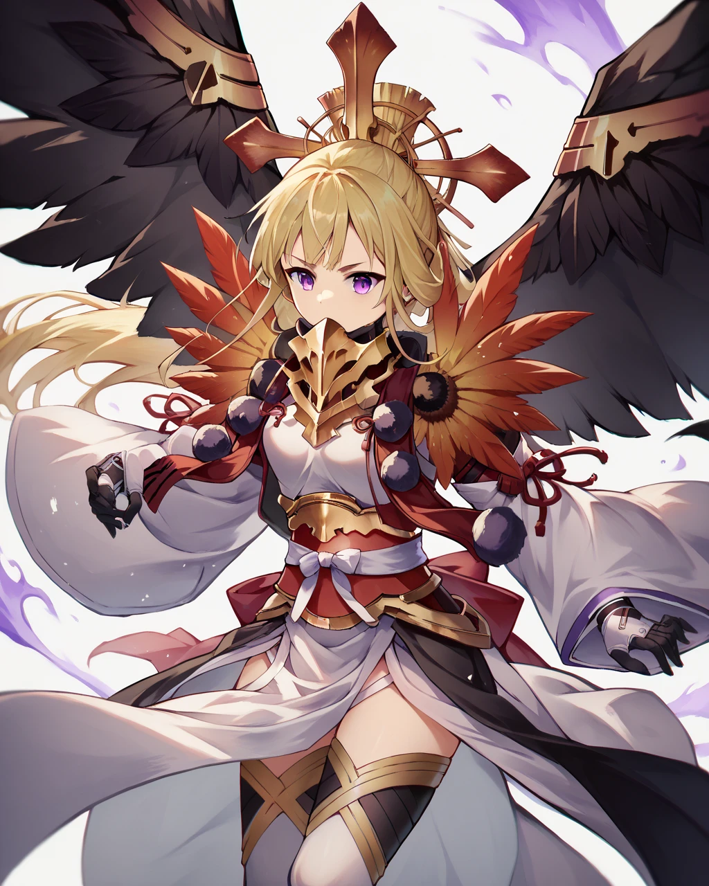 score_9, score_8_up, score_7_up,
<lora:Nogi_Wakaba_Kirifuda_PONY:1>,1girl,solo, blonde hair,bangs, purple eyes, long hair, duel monster,White thighhighs,black wings,feathered wings,White japanese clothes, gloves,long sleeves,detached sleeves,armor, sash, obi,