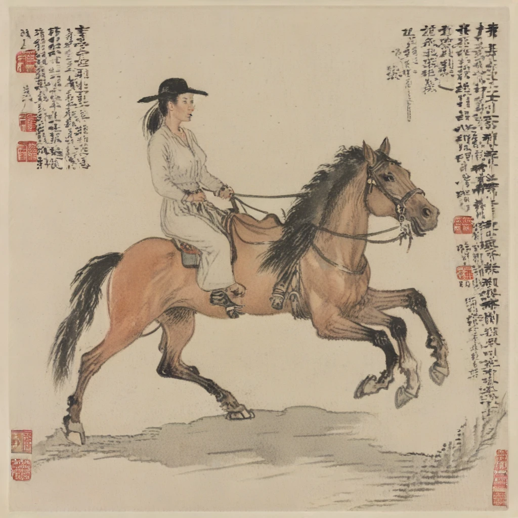 an woman riding a horse, in the style of styj