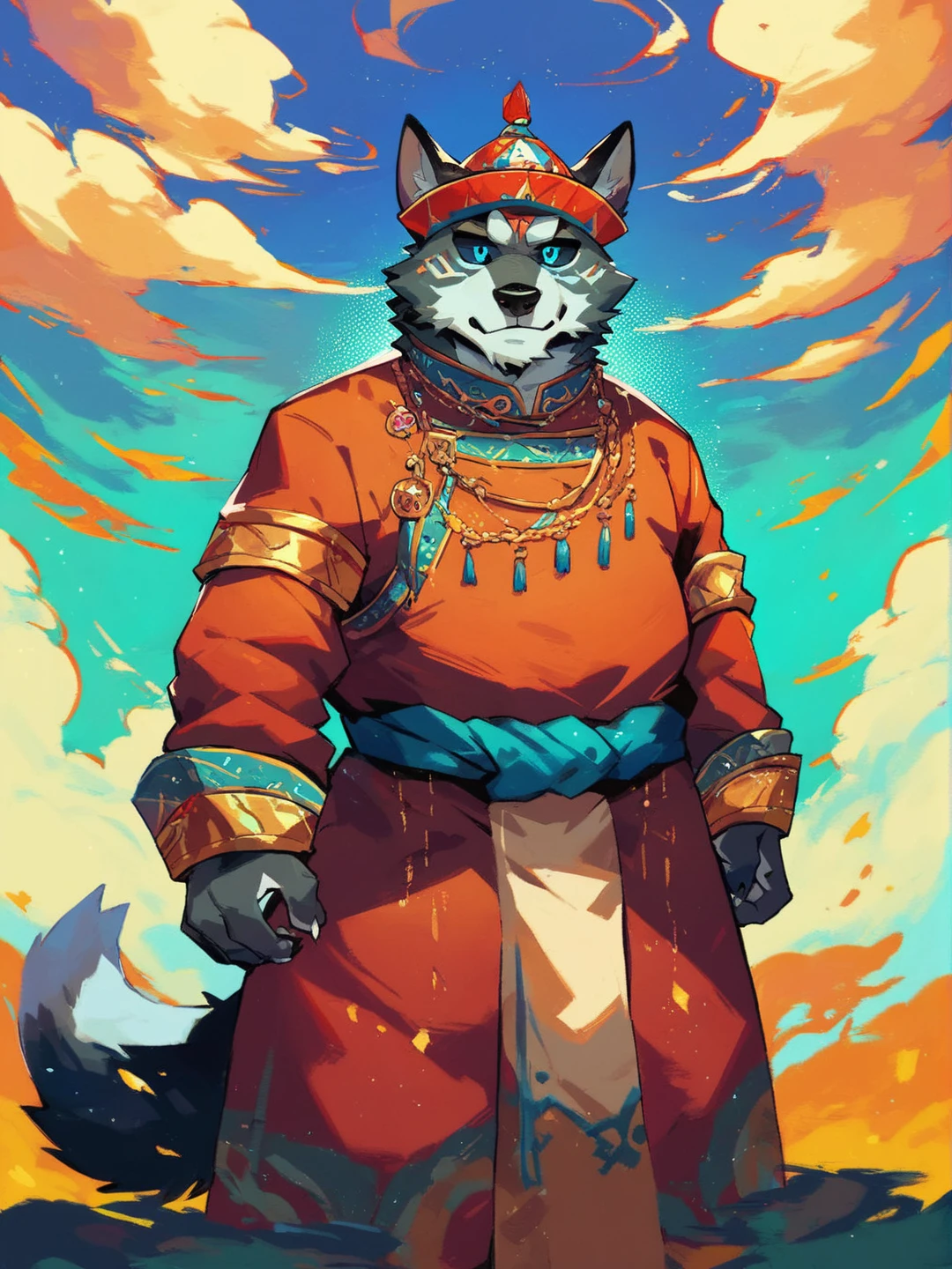 score_9, score_8_up, score_7_up, score_6_up, source_anime, source_furry,
<lora:buryats_FV0.1:1>,buryats male, buryats mongol,
furry, solo, male, wolf, mature male, grey fur, blue eyes, black sclera, two-eared hat, deel, mongolian boots, jewelry,
standing, cowboy shot,
grassland, blue sky,
zPDXL,