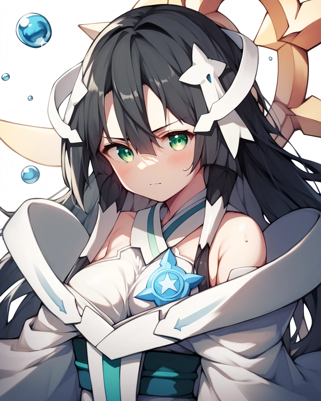 score_9, score_8_up, score_7_up, score_6_up, score_5_up, score_4_up, BREAK source_anime,
<lora:Tougou_mimori_Mankai_PONY:1>,1girl, solo, long hair, black hair, hair ornament, green eyes, hair between eyes, bangs, hair ribbon, white gloves, detached sleeves, bare shoulders,white thighhighs,magical girl,
