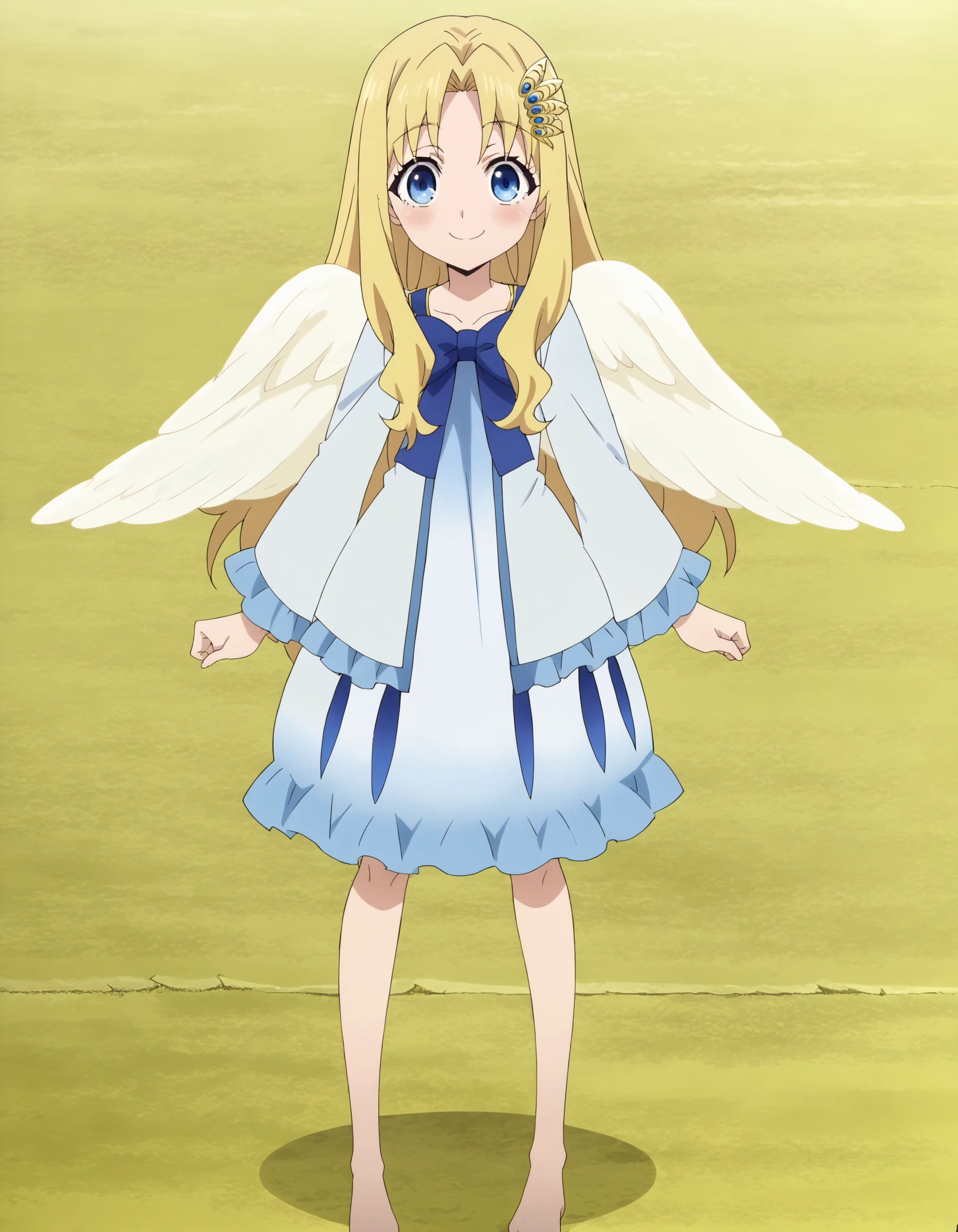 score_9, source_anime, anime coloring, <lora:MeMaXL_V2:0.8>, <lora:FilocXLPonyV1-000009:1>, filoc, 1girl, solo, blonde hair, blue eyes, angel wings, (anime screencap:1.3), full body, looking at viewer, blush, hair ornament, standing, happy, smile, white dress, blue bow, barefoot,