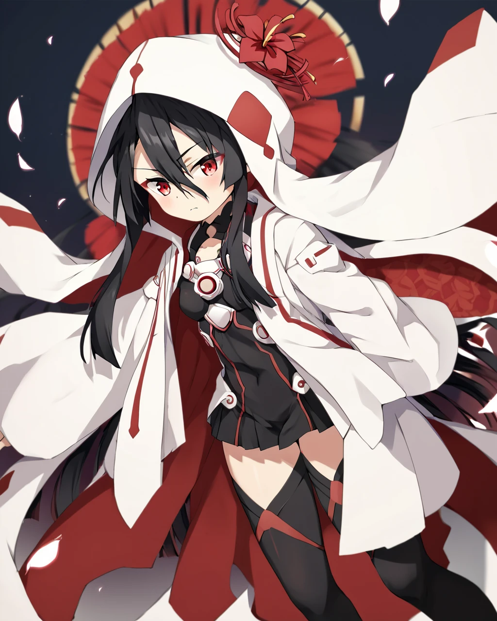 score_9, score_8_up, score_7_up, score_6_up, score_5_up, score_4_up, BREAK source_anime,
<lora:Koori_Chikage_Kirifuda_PONY:1>,1girl, solo,shirt, black hair,very long hair,red eyes,bangs,hair between eyes,hair flower,pleated skirt,japanese clothes, wide sleeves,hood,black thighhighs,bodysuit,wataboushi,