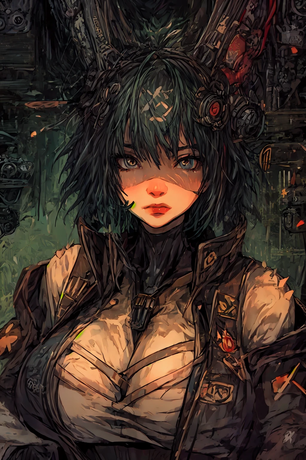 (masterpiece, best quality, ultra detailed, beautiful illustration), 1girl, cyberpunk, sci-fi, (huge breasts:1.1), cinematic, oversized jacket, cleavage, seductive pose,atmospheric perspective, depth of field, bare shoulders,sexy