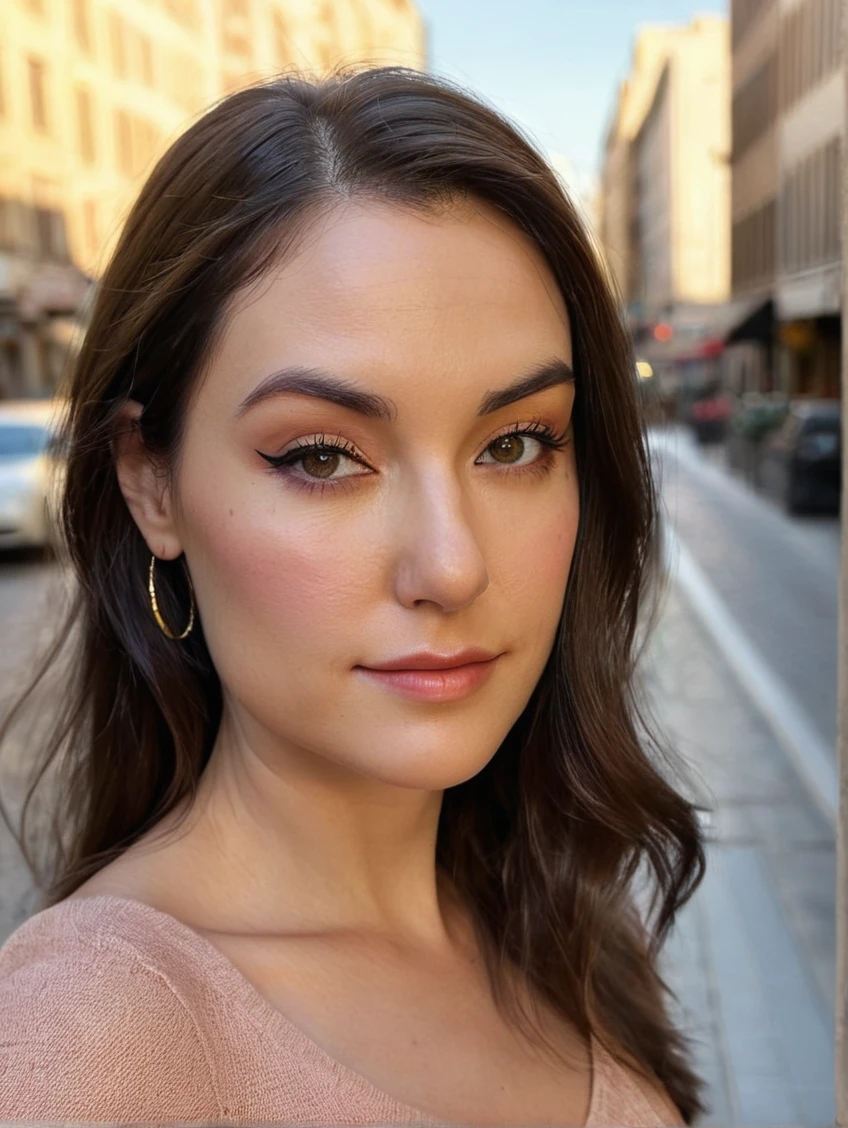 a beautiful picture of s4shagXL, <lora:s4shagXL:1> detailed skin texture,masterpiece, photorealistic, woman, 4k, backlighting, light, RAW color photo,(fully in frame:1.1), (blush:0.5), (goosebumps:0.5),brunette, detailed face,city streets,subtle smile