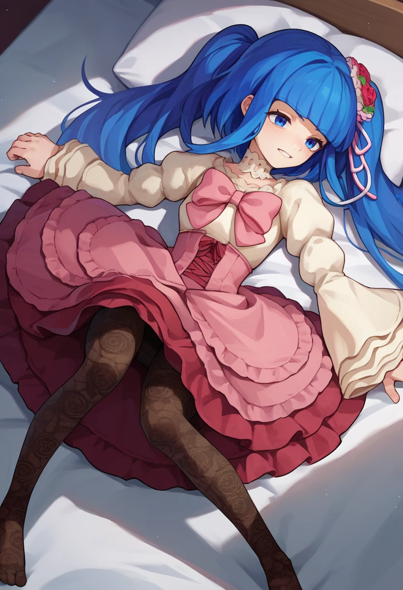 score_9, score_8_up, score_7_up, source_anime, 1girl, furudo erika, blue hair, blue eyes, twintails, pink dress, pink bow, long sleeves, hair ornament, pantyhose, choker, feet, from below, <lora:Furudo Erica1-000012:1>