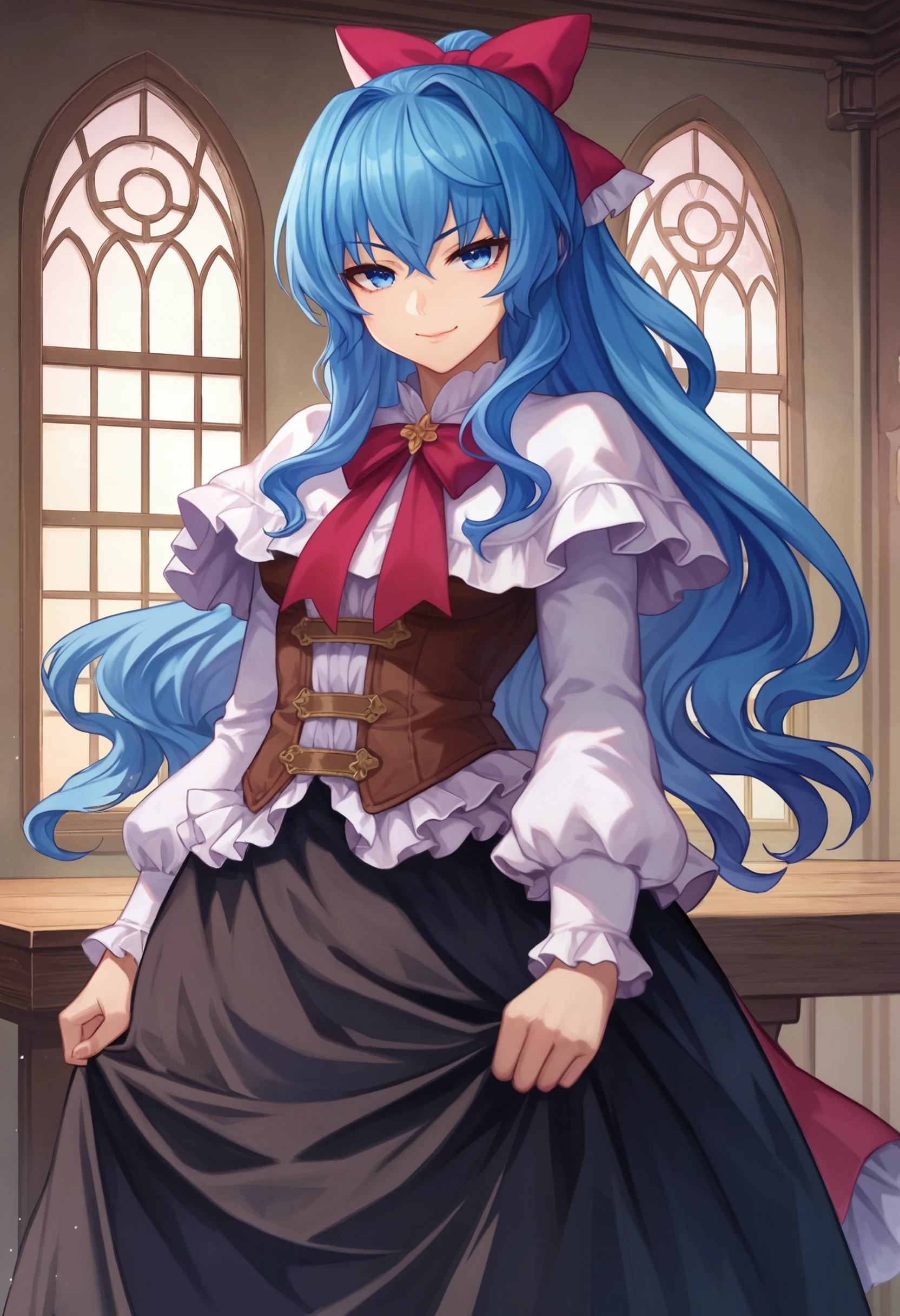 zPDXL, source_anime, BREAK
liselotte, blue hair, sidelocks, blue eyes,
closed mouth, naughty face,
default outfit, hair bow, black skirt, long skirt,
cowboy shot, standing,
indoors <lora:liselotte-cretia-pdxl2-005:0.6>