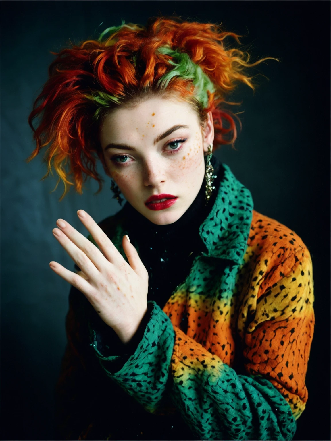 Kodak Portra 400 Color Film still photo, irish woman, agitated, high detalied natural skin, (strange punk hair1.2), freckles, fantastically hand-dyed cotton clothes, like Sarah Bolger, photo by Bert Stern, rim light, dark black background, low angle shoot, sharply focused, trending of artstation, detail skin