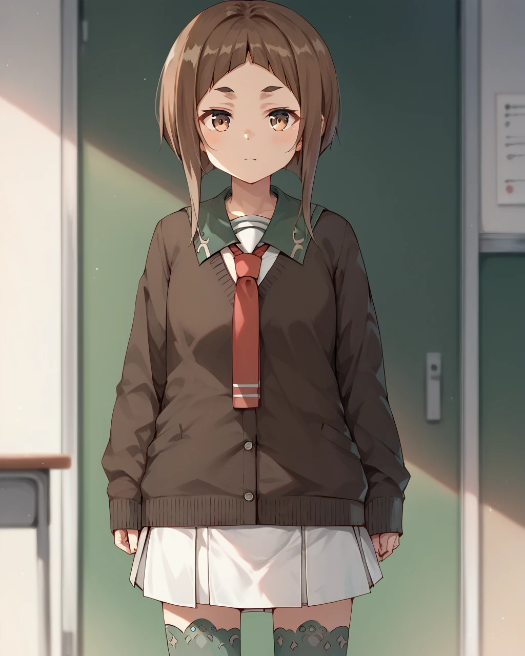 score_9, score_8_up, score_7_up,
<lora:Kagajou_Suzume_PONY:1>,1girl, solo, brown hair, brown eyes, short hair, school uniform,skirt,necktie, green thighhighs, cardigan,