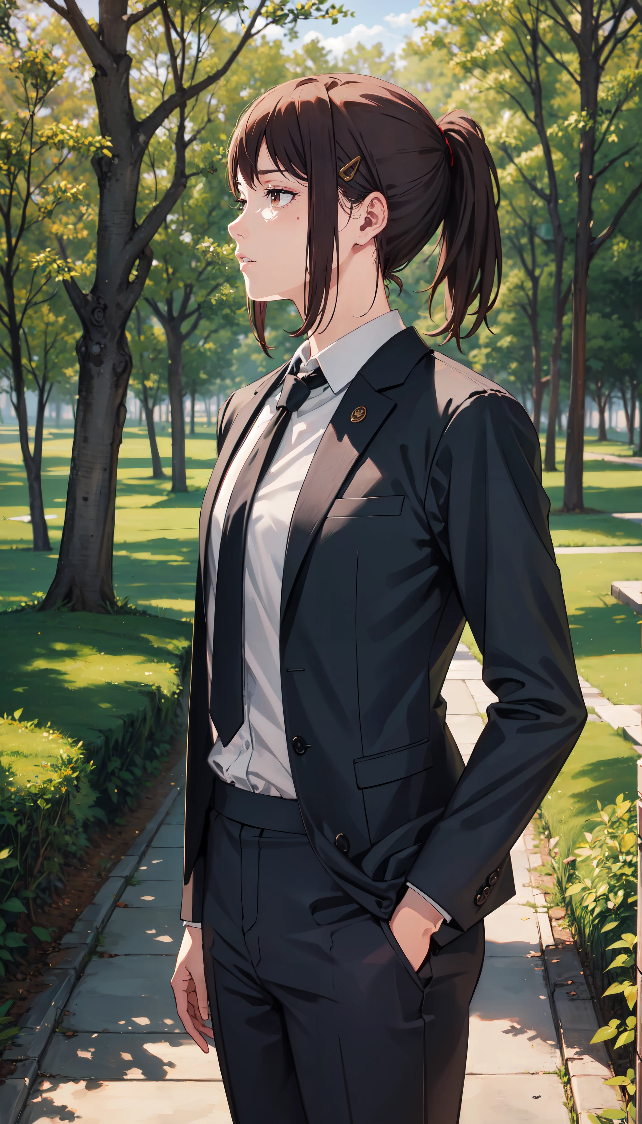 photorealistic, (4k), depth of field, (Masterpiece), (realistic skin texture), extremely detailed, intricate, hyper detailed, professional photography, bokeh, high resolution, sharp detail, best quality, girl, brown hair, ponytail, hairclip, brown eyes, suit, necktie, white collared shirt, suit pants, <lora:GoodHands-vanilla:0.4>, <lora:detail_slider_v4:0.8> , dynamic pose, (in profile), <lora:Kobeni Higashiyama-000004:0.7>, forest, vines, dense vegetation, grass, light rays,