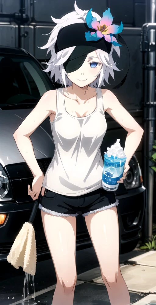 FSV2, 1girl, solo, smile, sweat, hair ornament, eyepatch, flower, short shorts, (white tank top), (cleaning car), car wash, soap, water, outside, perfect quality, good quality, masterpiece, HDR, UHD <lora:Fremy Speeddraw V2-000003:0.6>
