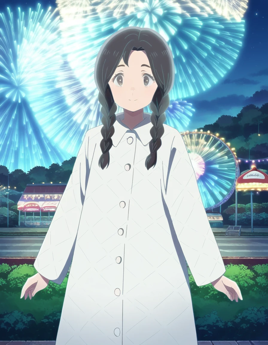 score_9, score_8_up, score_7_up, source_anime,
uruseinozomi, <lora:urusei-nozomi-ponyxl-lora-nochekaiser:1>,
nozomi, long hair, black hair, braid, twin braids, brown eyes, smile,
coat, white coat, long sleeves,
outdoors, roller coaster, amusement park, ferris wheel, night, night sky, starry sky, fireworks,
looking at viewer,