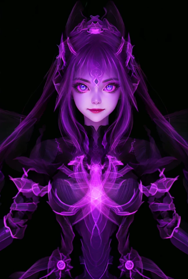 particle style,An extraordinary female character. Her eyes were firm and mysterious, revealing great power and authority.
Purple ethereal lights, evil smile, death rendering background picture