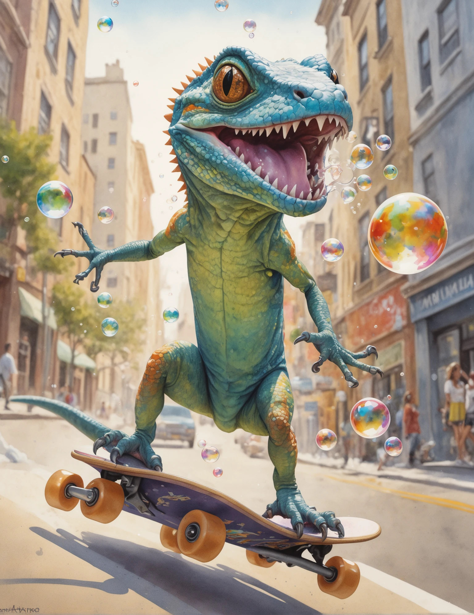 Medium close-up watercolor painting, (Skateboarding lizard:1.4), Dynamic action, Bubble-blowing spectacle, (Colorful bubbles:1.3), Playful reptile, Vibrant skateboard, Whimsical charm, Urban setting, (Sunlit afternoon:1.3)