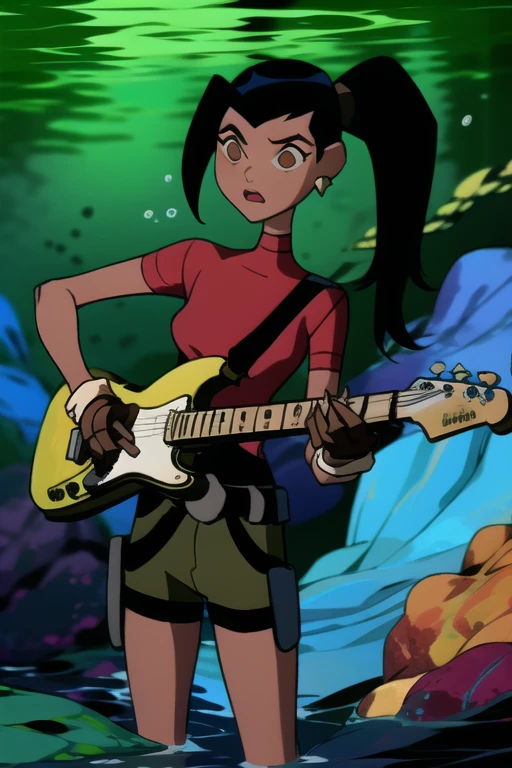 <lora:kaigreen:1> 1girl ,solo, black hair,pony tail, red shirt, brown eyes, brown gloves,jewelry, ponytail, sidelocks, earrings, belt,brown shorts, dark skin, dark-skinned female, turtleneck, underwater, playing guitar, water background,, masterpiece, best quality