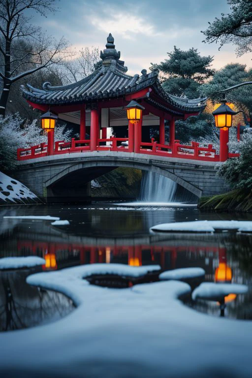 masterpiece, best quality, high quality, extremely detailed CG unity 8k wallpaper, classical chinese garden, scenery, amsterdam, winter,((snowing)),outdoors, sky, day, landscape, water, tree, blue sky, waterfall, nature, lake, river, cloudy sky,award winning photography, Bokeh, Depth of Field, HDR, bloom, Chromatic Aberration ,Photorealistic,extremely detailed, trending on artstation, trending on CGsociety, Intricate, High Detail, dramatic, art by midjourney