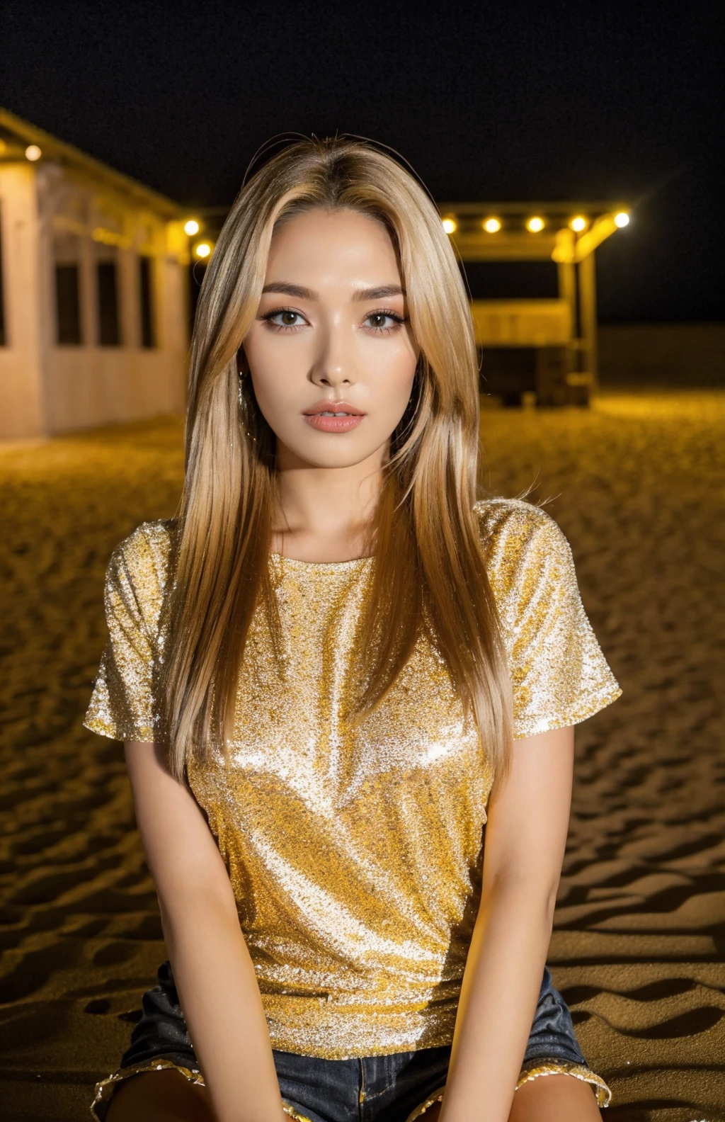4k, 8k, ultra highres, raw photo in hdr, sharp focus, intricate texture,realistic, detailed facial features, highly detailed face, posing,perfect lighting,long hair,sitting,stars,twinkle,outdoors,space,yellow sparkles,night sky,detailed background,desert,sand,catus,blonde hair,straight eyebrows,cute,t-shirt,<lora:Somin2:0.7> Somin2