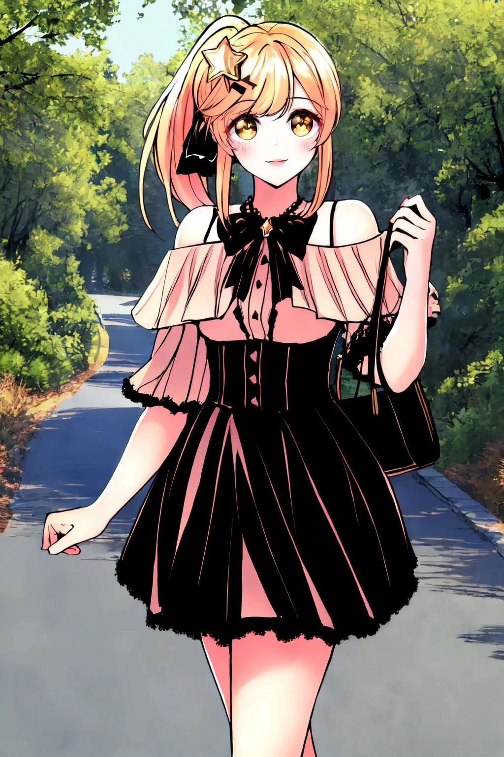 beautiful eyes, beautiful girl, high detail skin, high detail eyes, high detail hair, highres, ultra detailed, sharpen picture, Highly detailed, masterpiece, best quality, photorealistic,
 <lora:ByulLoRA:1>1girl, short hair, side ponytail, star-shaped pupils, hair ornament, star (symbol), dress, bare shoulders, bow, side ponytail, handbag, walking on a forest path, sunny, smile