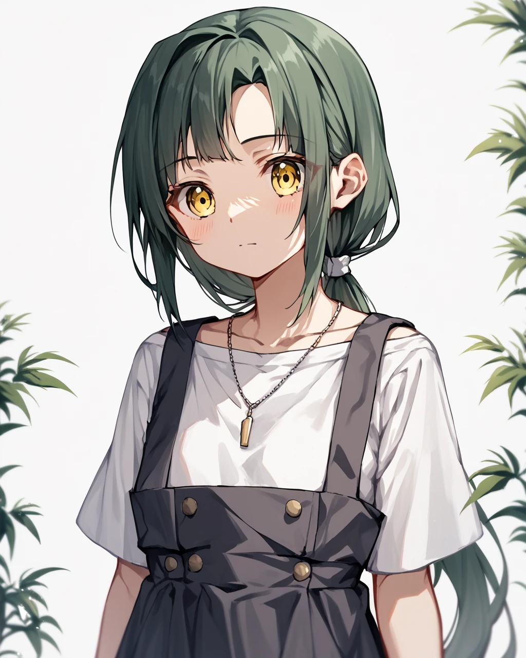 score_9, score_8_up, score_7_up, score_6_up, score_5_up, score_4_up, BREAK source_anime,
<lora:Yokote_Matsuri_PONY:1>,1girl, solo,low ponytail,dark green hair, very long hair, yellow eyes, white shirt, necklace, pinafore dress,
