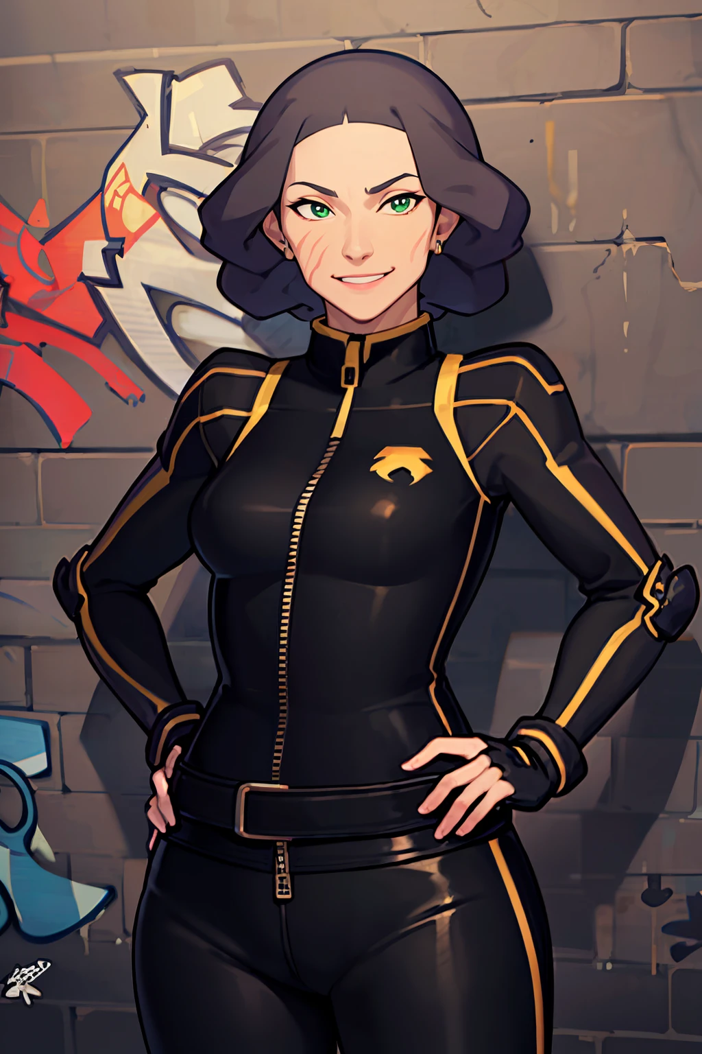((masterpiece,best quality)), absurdres, <lora:Lin_Bei_Fong_CivitAITrainer:0.8>, Lin_Bei_Fong, 1girl, solo, short_hair, black_hair, green_eyes, scar, leather jacket, leather pants, strapless bra, black jacket, tight pants, black choker, zipper, fingerless gloves, biker clothes, spikes, unzipped, multiple belts, shiny clothes, high collar, (graffiti:1.2), brick wall, solo, smiling, looking at viewer, hand on hip,