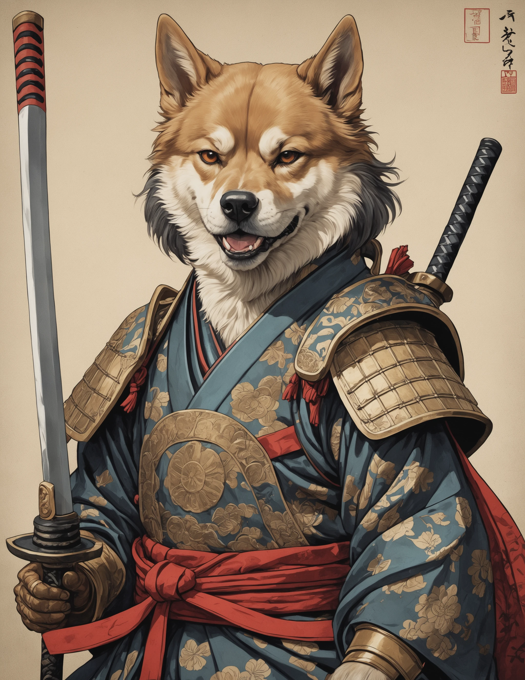 Portrait Ukiyo-e artwork, (Sword-wielding samurai dog:1.3), Off-center focus, Courageous fighter, (Shiny sword and fierce eyes:1.2), Stoic expression, Proud stature, Noble lineage, (Majestic armor:1.2), Rich colors, Detailed patterns, Historical homage, Sharp precision