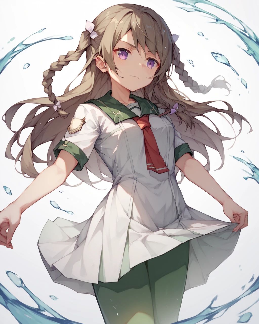 score_9, score_8_up, score_7_up,
<lora:Miroku_Yumiko_PONY:1>,1girl, solo,purple eyes, green pantyhose, long hair, twin braids,braid, sailor dress, school uniform,brown hair, necktie, white dress, hair ornament,