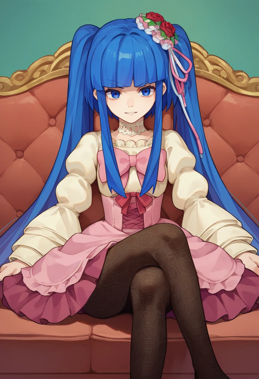 score_9, score_8_up, score_7_up, source_anime, 1girl, furudo erika, blue hair, blue eyes, twintails, pink dress, pink bow, long sleeves, hair ornament, pantyhose, choker, sitting, couch, crossed legs, solo,   <lora:Furudo Erica1-000011:1>