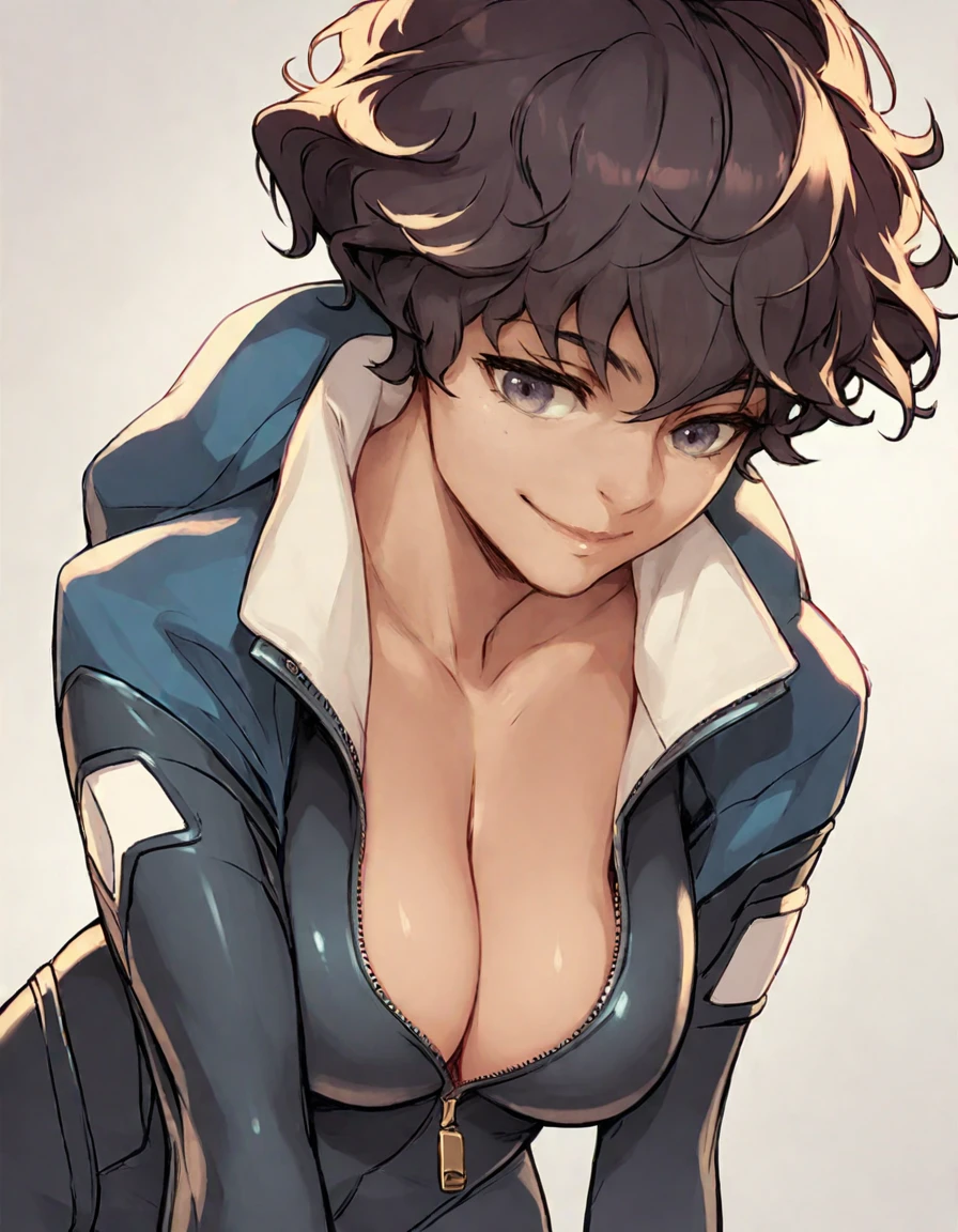 score_9, score_8_up, score_7_up, score_6_up, score_5_up, score_4_up, <lora:RWSara01:1>, RWSara01, upper body, leaning forward, bodysuit, smile, unzipped bodysuit, cleavage, large breasts,