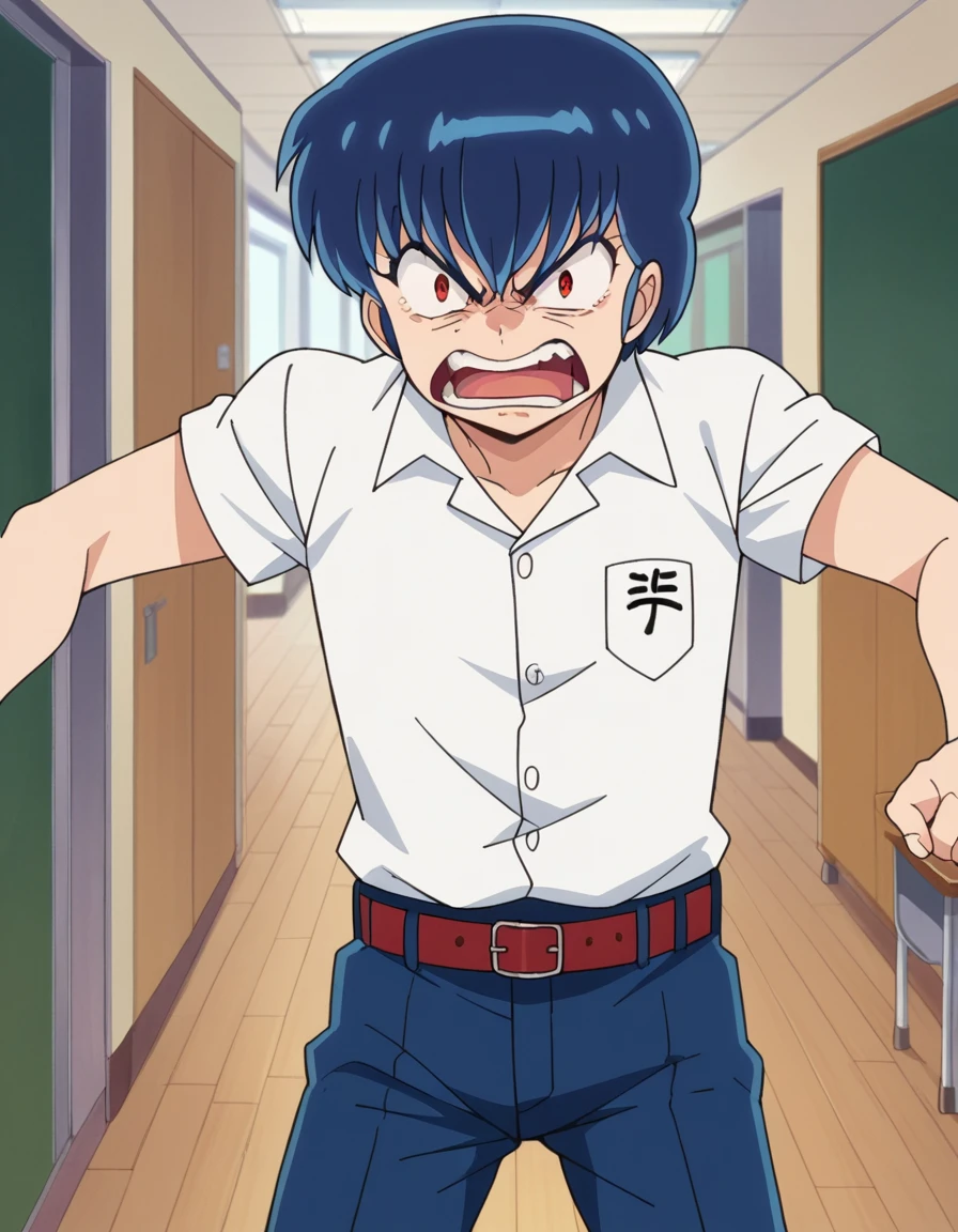 score_9, score_8_up, score_7_up, source_anime,
ryuunosukefujinami, <lora:ryuunosuke-fujinami-ponyxl-lora-nochekaiser:1>,
ryuunosuke fujinami, short hair, blue hair, red eyes, angry, anger vein, shouting, open mouth,
shirt, school uniform, white shirt, short sleeves, collared shirt, belt, pants,
indoors, classroom, hallway,
looking at viewer, cowboy shot, dutch angle,