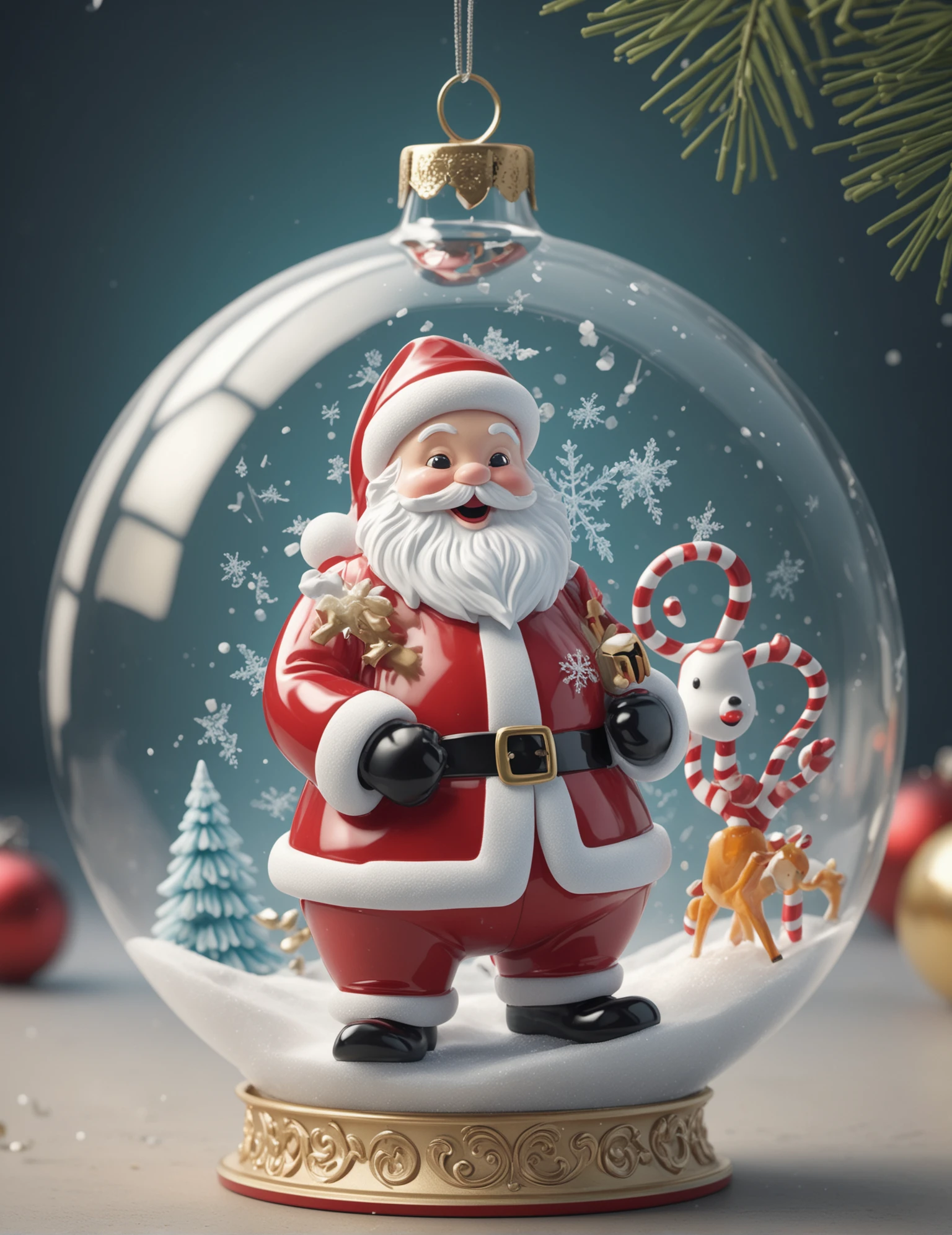 Medium close-up digital illustration, (Osita glass ornament:1.3), Future minimalist approach, Hyper-realistic details, (Cheerful Santa figure:1.2), Snowman companion, Intricate snowflakes, Joyful scene, Vibrant colors, (Festive ambiance:1.2), Created with advanced 8k resolution, Crystal clarity, Precise lines, Modern aesthetic