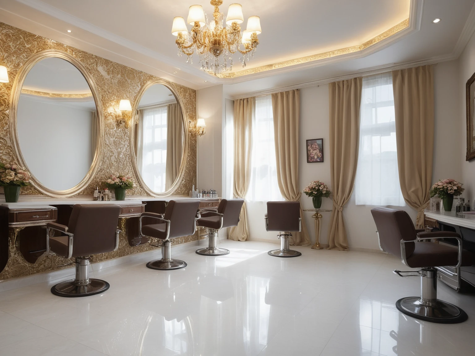 <lora:JJsHairSalon_XL:1>, ((Hair Salon)) , ((best quality)),((masterpiece)),((realistic)), indoors, mirror, reflection, chair, table, photorealistic, authentic, indoor scenery, highly detailed, stainless, gold, ceiling light, white wall, cup,curtains, glass,,bouquet,tiles,lamp,tile floor,vase